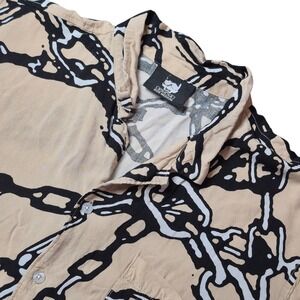 G59 Men's M Rayon Button Up Shirt Chain Print Streetwear Logo Tan Black